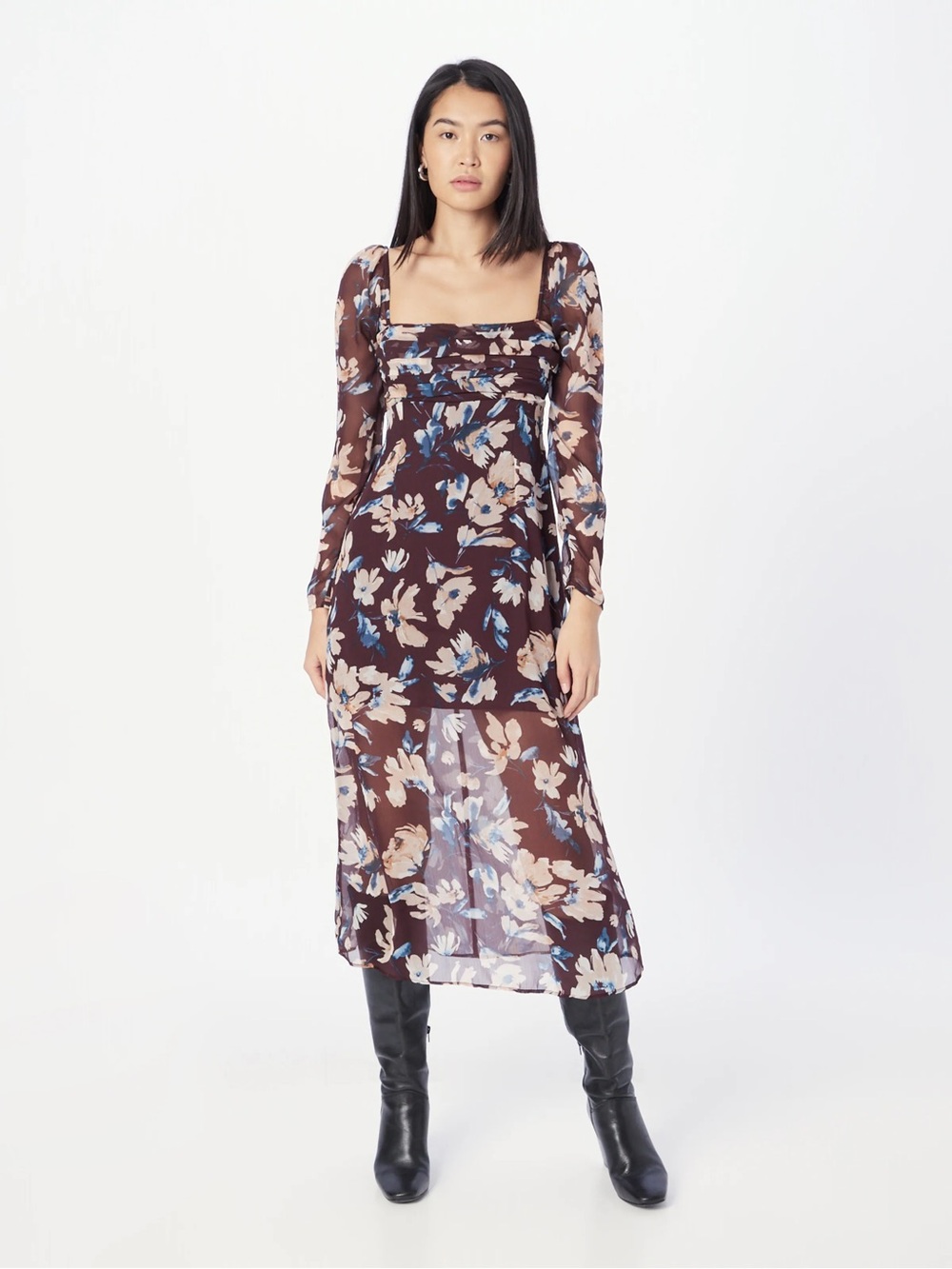 Abercrombie & Fitch Brown Floral Square-Neck Sheer Midi Dress